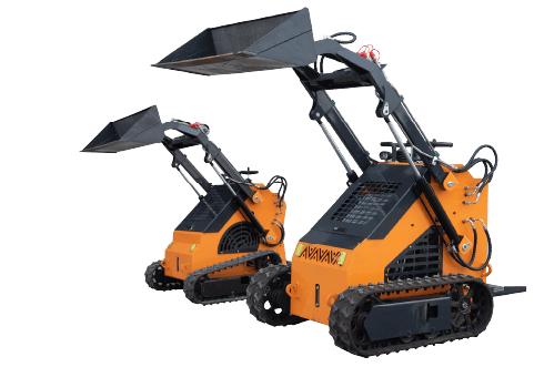 Two orange rubber-tracked stand-on mini skid steer loaders with raised black buckets on a white background