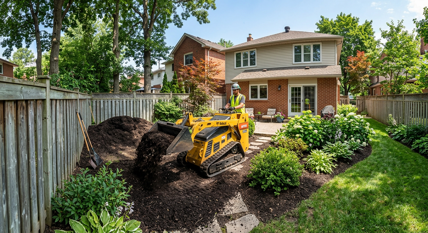 Mini skid steer loader moving mulch in a tight residential backyard