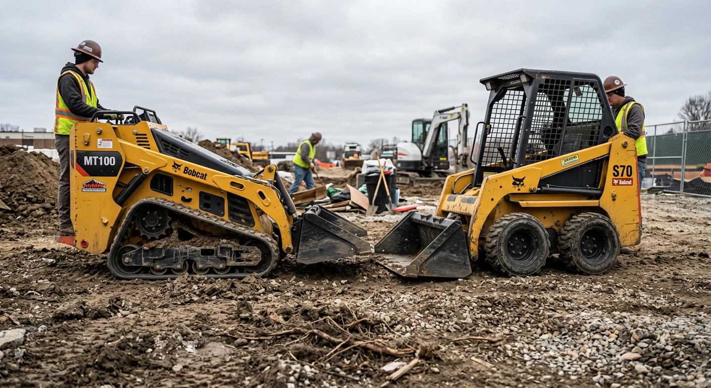 Tracked and wheeled mini skid steers side by side on a mixed terrain jobsite