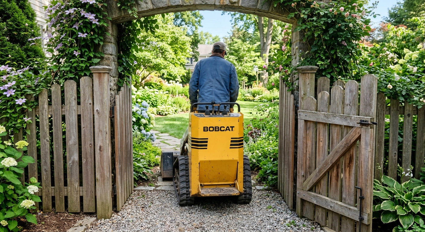 Mini skid steer loader fitting through a narrow garden gate
