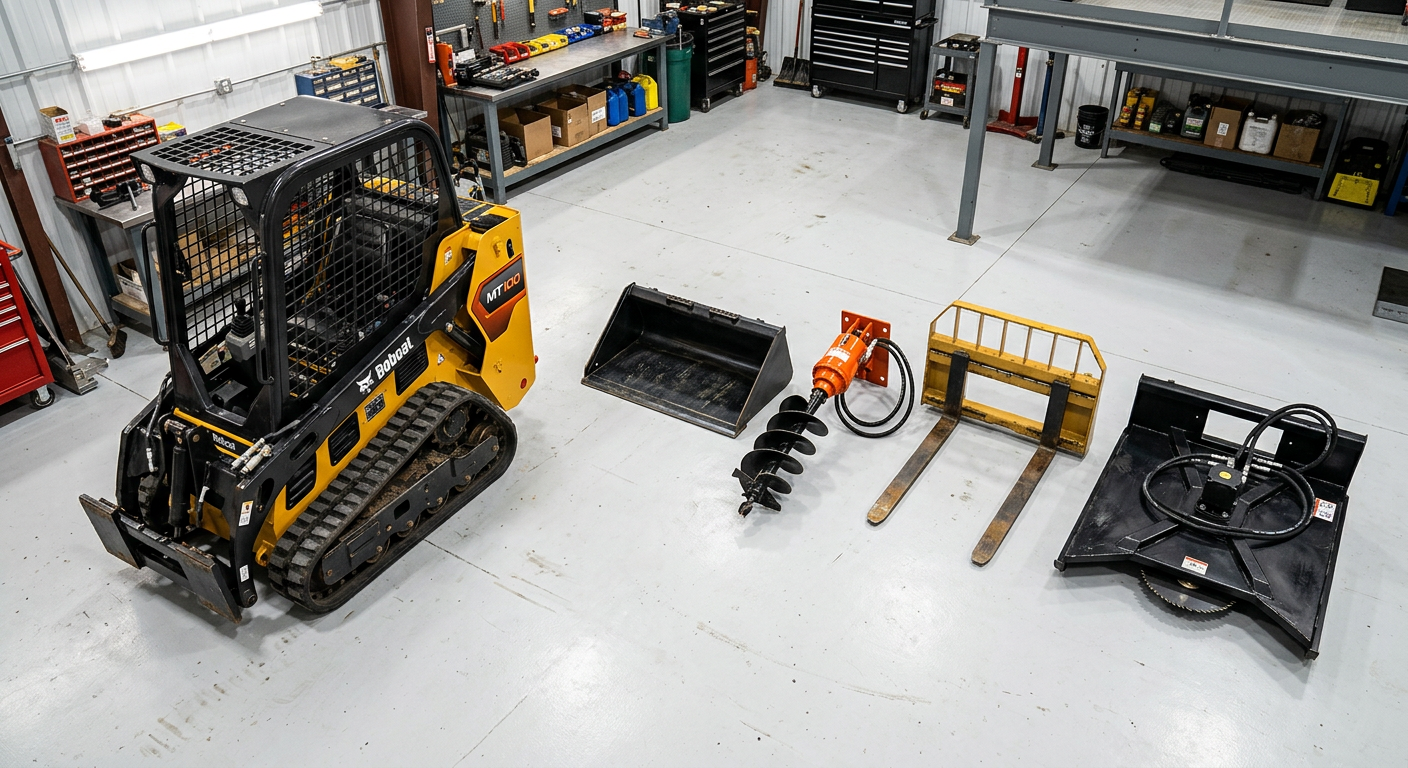 Array of mini skid steer attachments including bucket auger and pallet forks