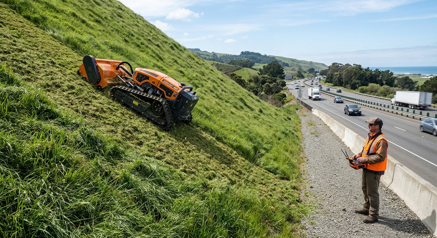 Remote control track mower working on a steep grassy embankment with the operator positioned away from the machine
