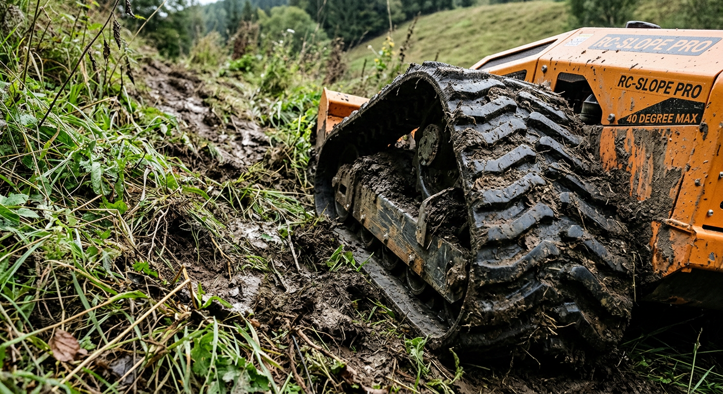 Rubber tracks on a remote control mower operating across muddy uneven terrain