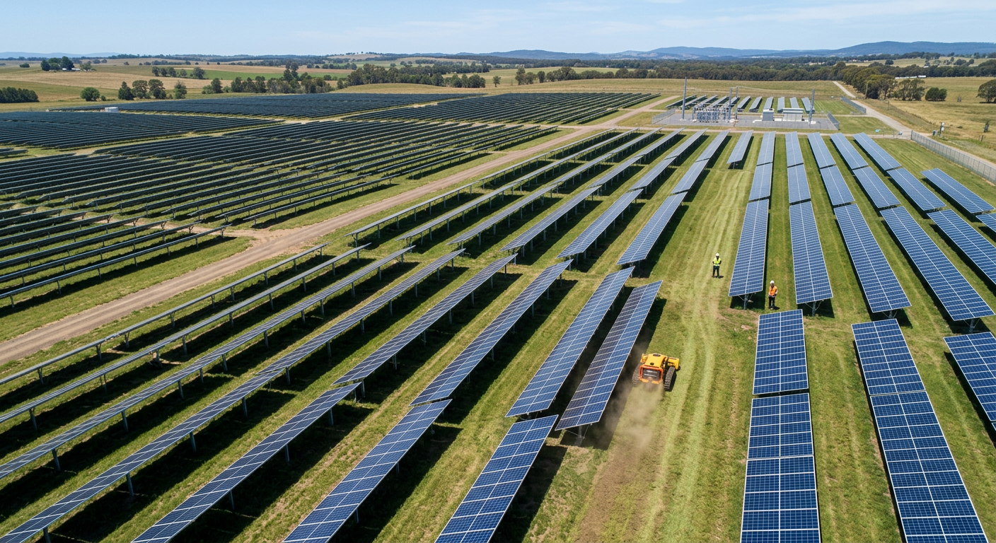 Remote control track mower maintaining vegetation between solar panel rows