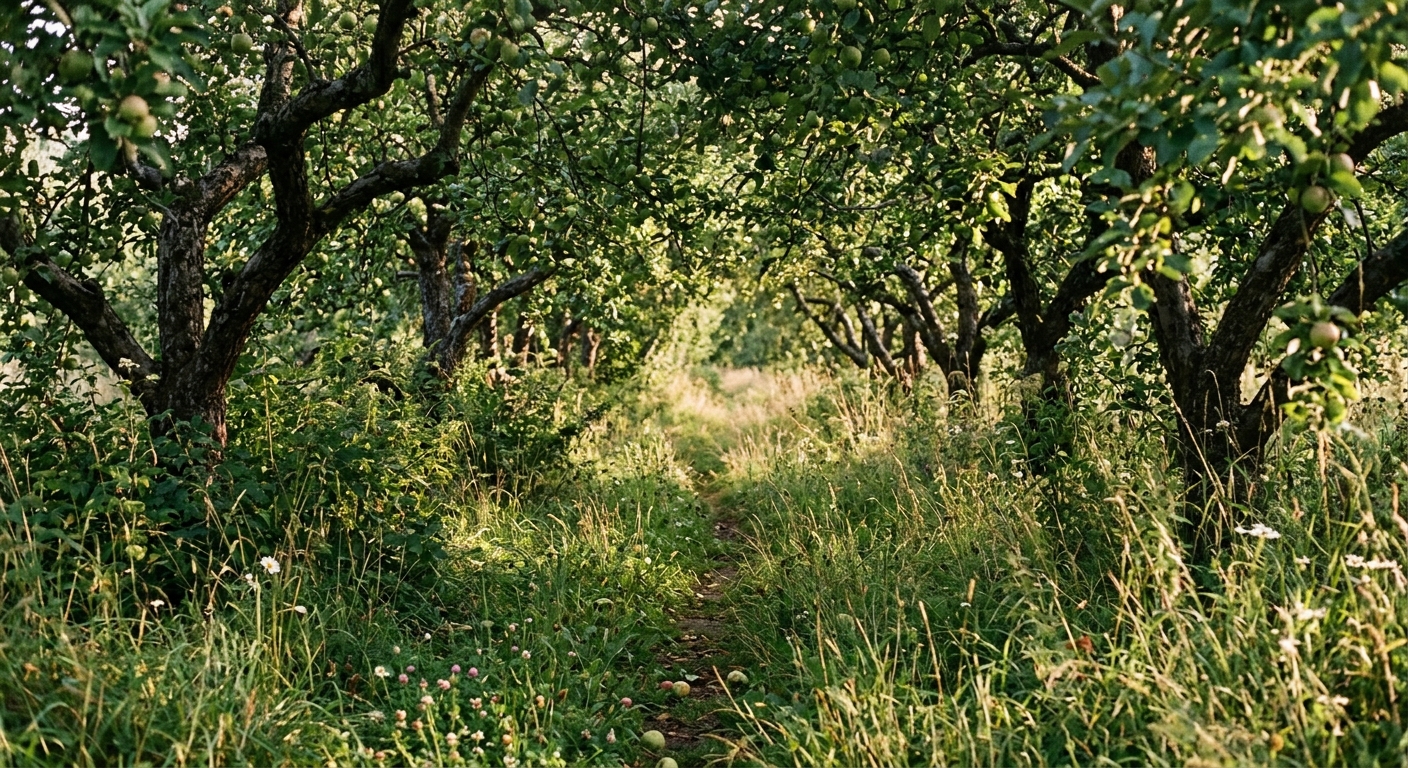 Narrow rows of fruit trees with overgrown grass needing maintenance