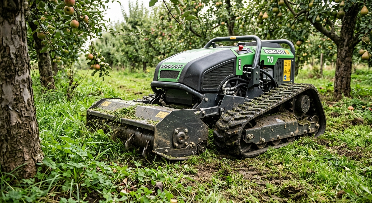 Close-up of rubber tracks and flail deck on a compact orchard mower