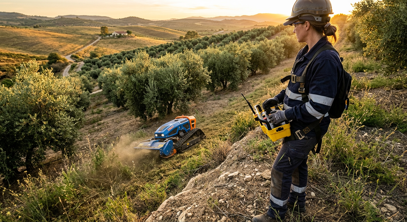 Operator using remote control to run a track mower in an orchard
