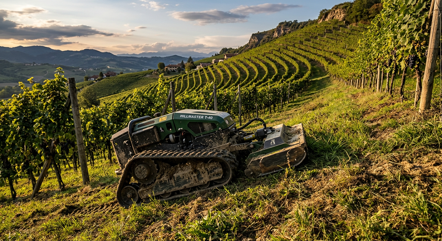 Compact tracked mower climbing a steep grassy slope in a vineyard