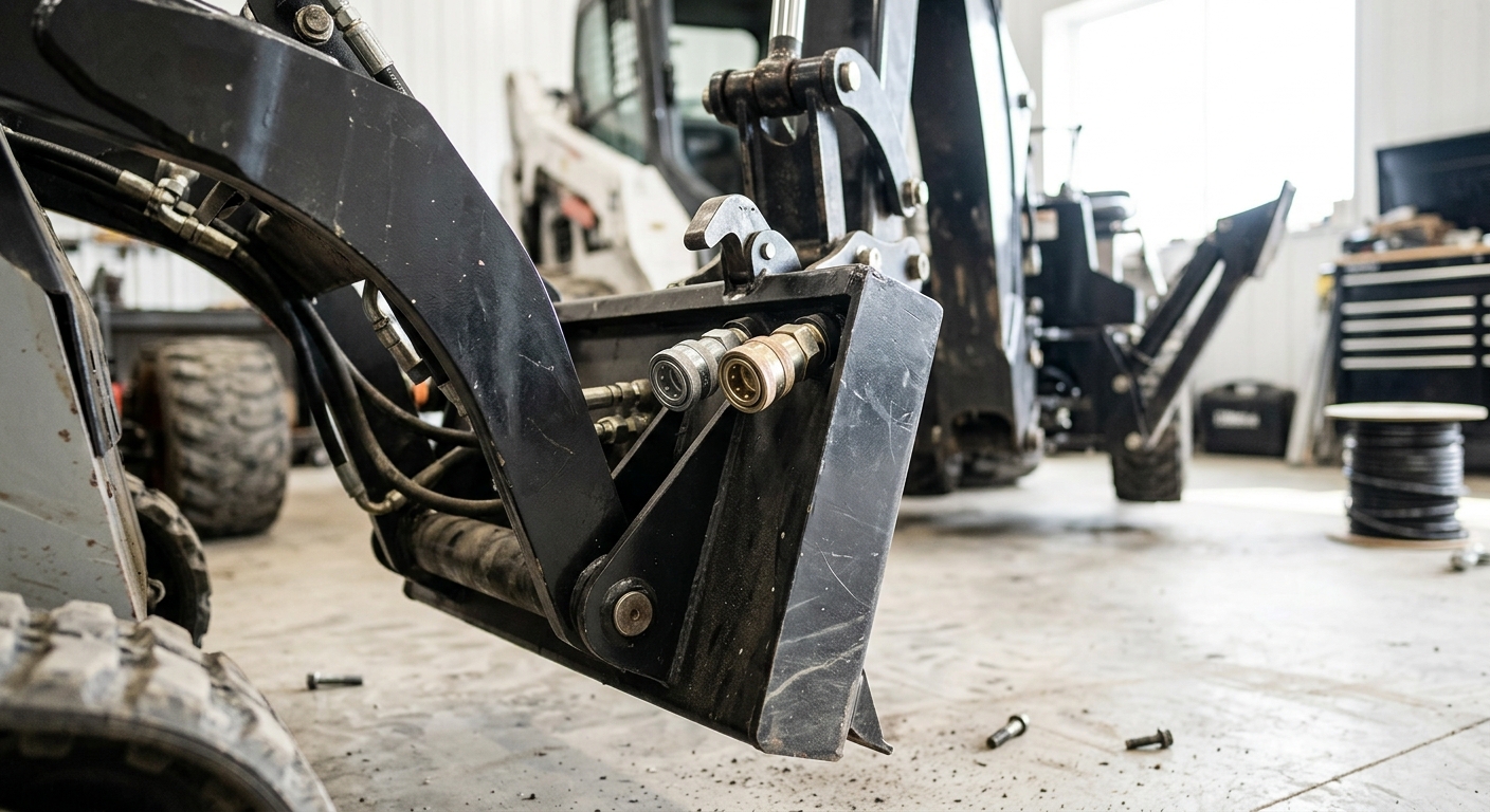 Close-up of universal quick-attach coupler plate on a mini skid steer with hydraulic connectors