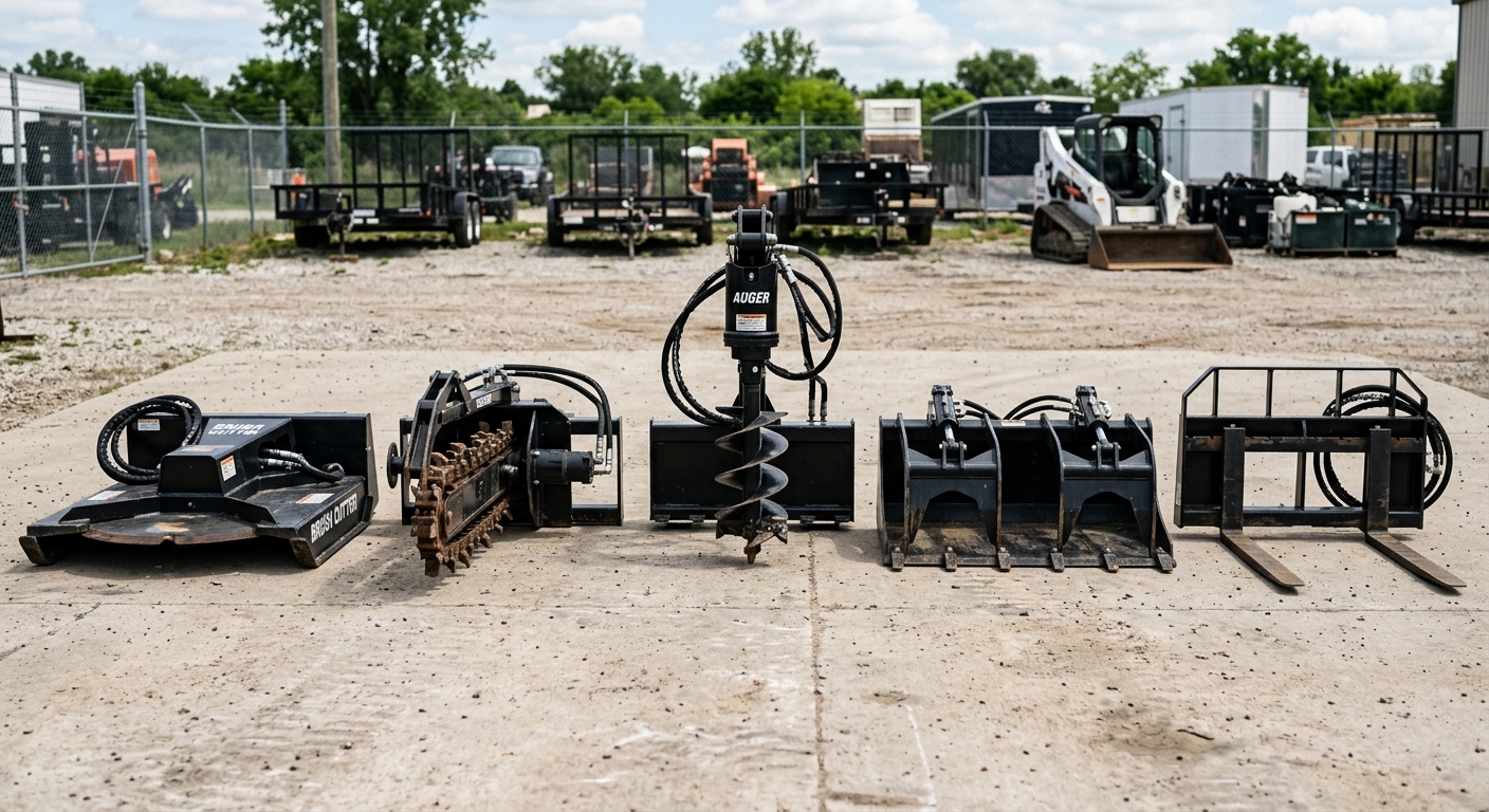 Five mini skid steer attachments lined up on a yard ready for use
