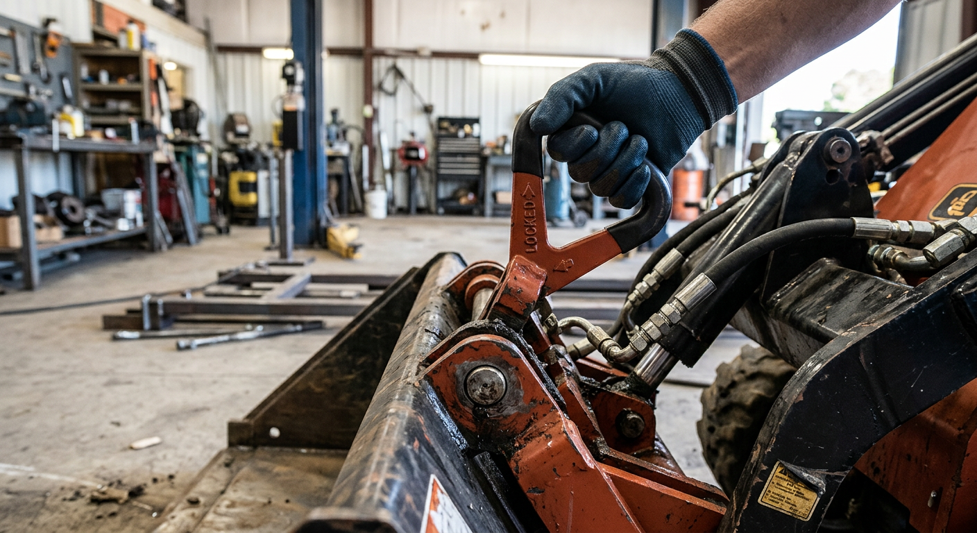 Operator engaging hydraulic quick-attach lever to lock an attachment to a mini skid steer