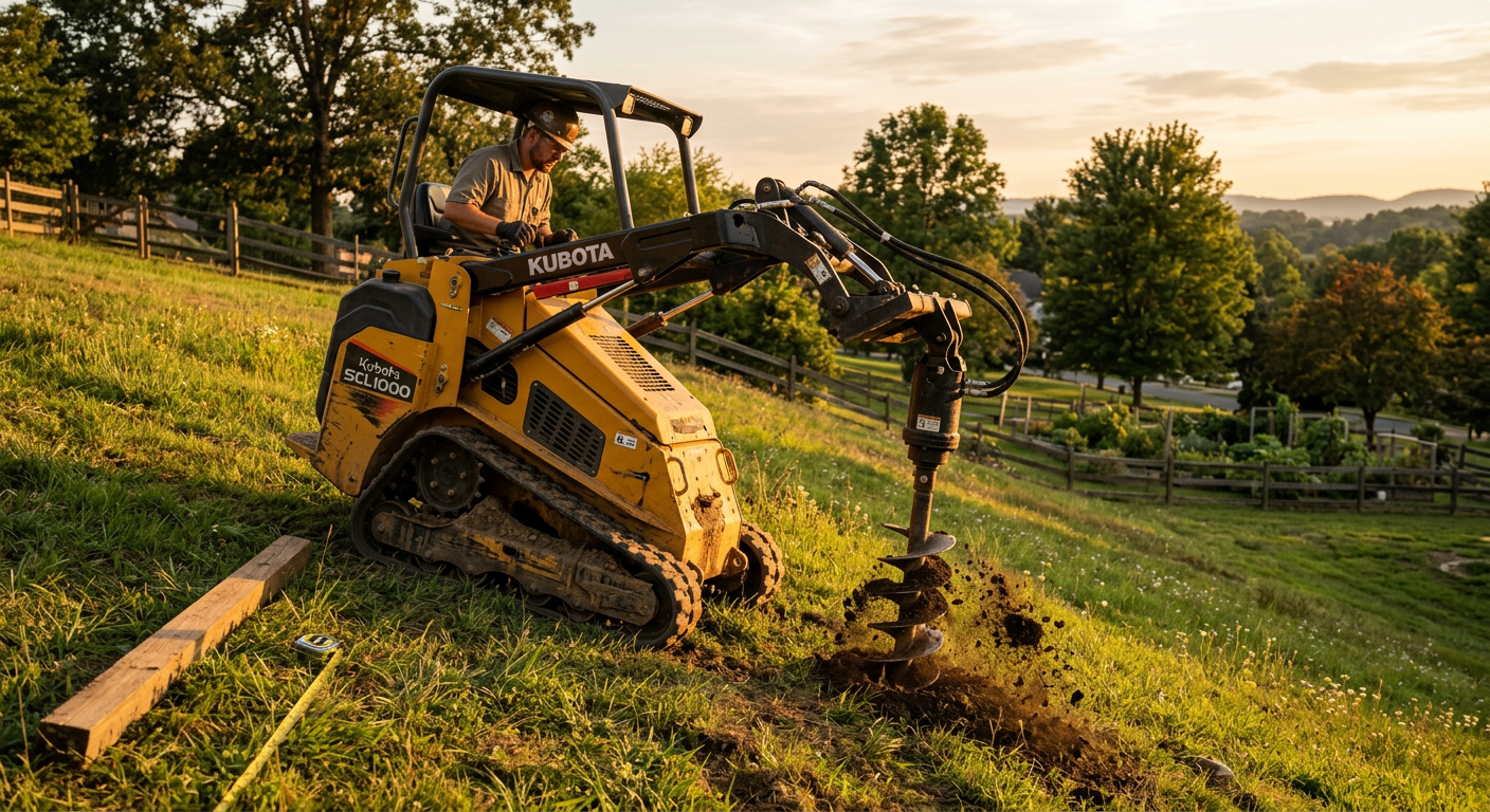 Tracked mini skid steer drilling a post hole with an auger attachment on a sloped lawn