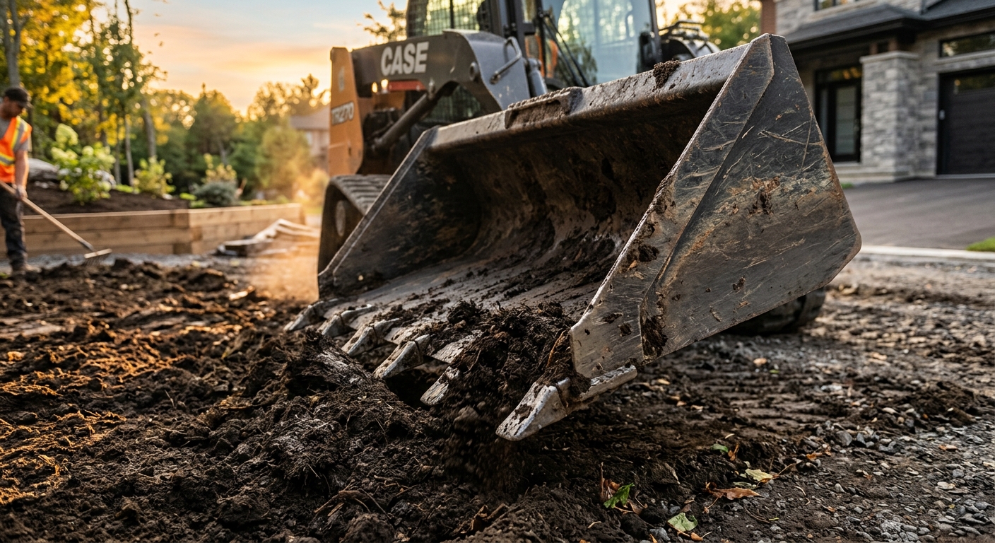 Mini skid steer bucket scooping topsoil
