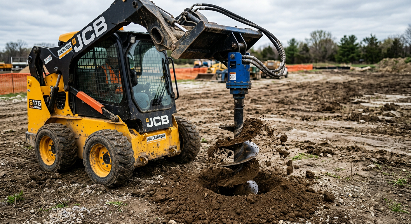 Hydraulic auger attachment drilling a post hole