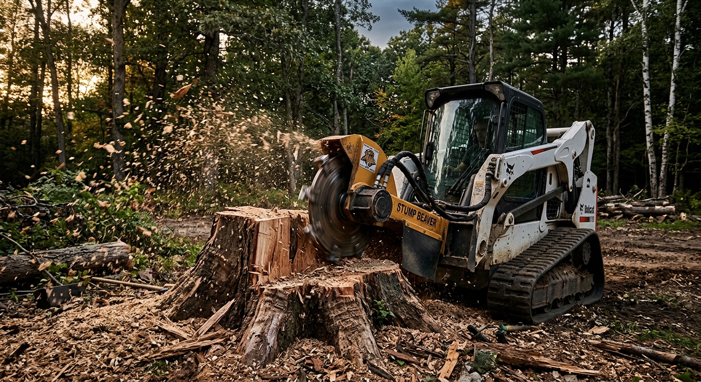 Stump grinder attachment cutting into a hardwood stump