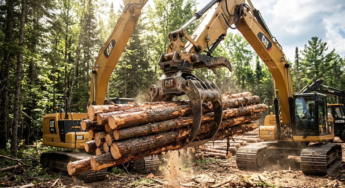 Grapple bucket gripping fresh-cut logs in a forest