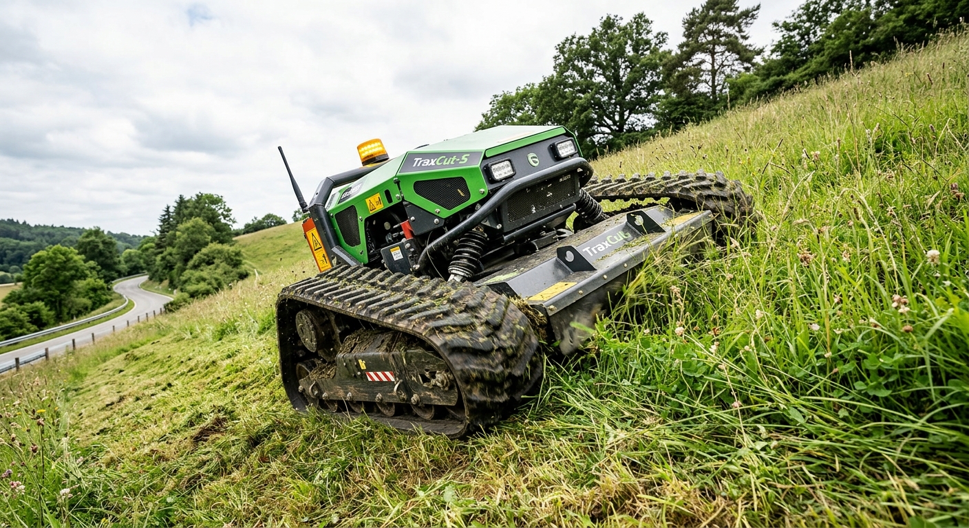 Compact remote control track mower traversing a steep embankment with wide tracks