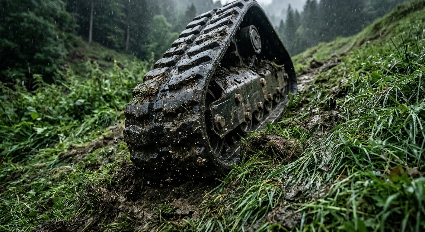 Cleated rubber tracks gripping wet grass on a steep hillside