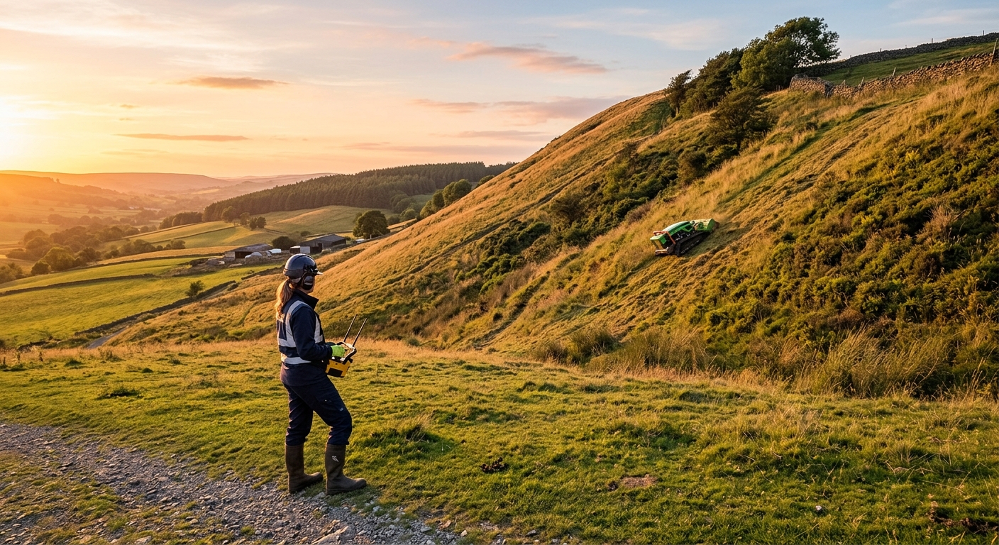 Operator using remote transmitter to control a slope mower from a safe distance