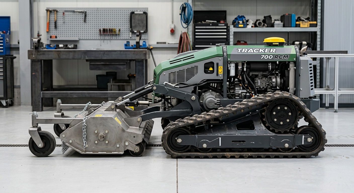 Side profile of a remote control track mower showing wide tracks and flail deck
