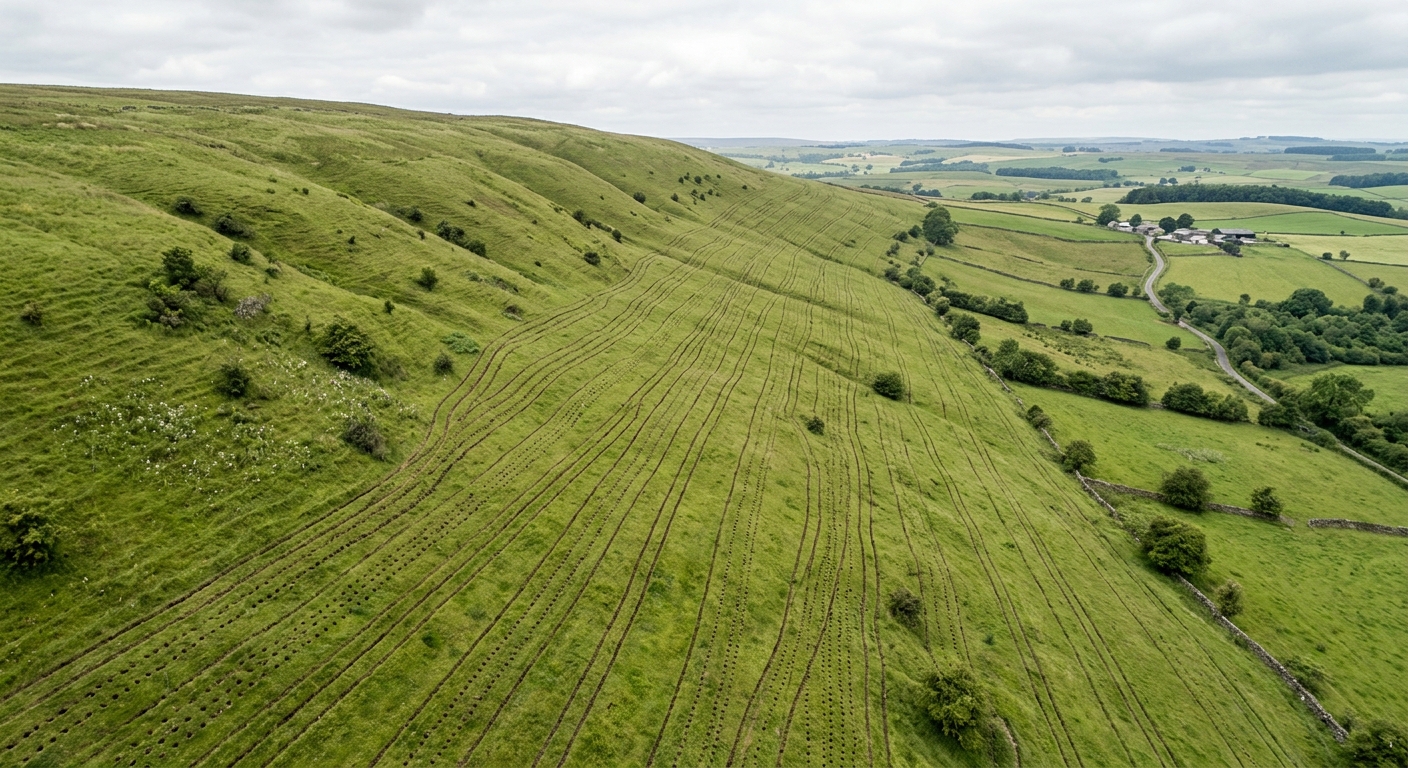 Aerial view of aeration tracks running across a sloped grassy hillside