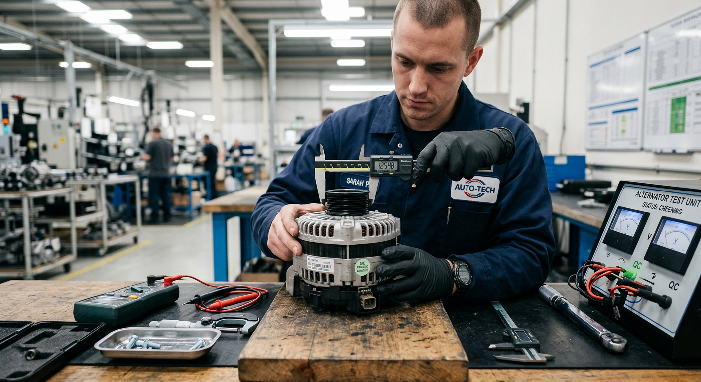 Quality inspector examining an automotive alternator with calipers on a factory workbench