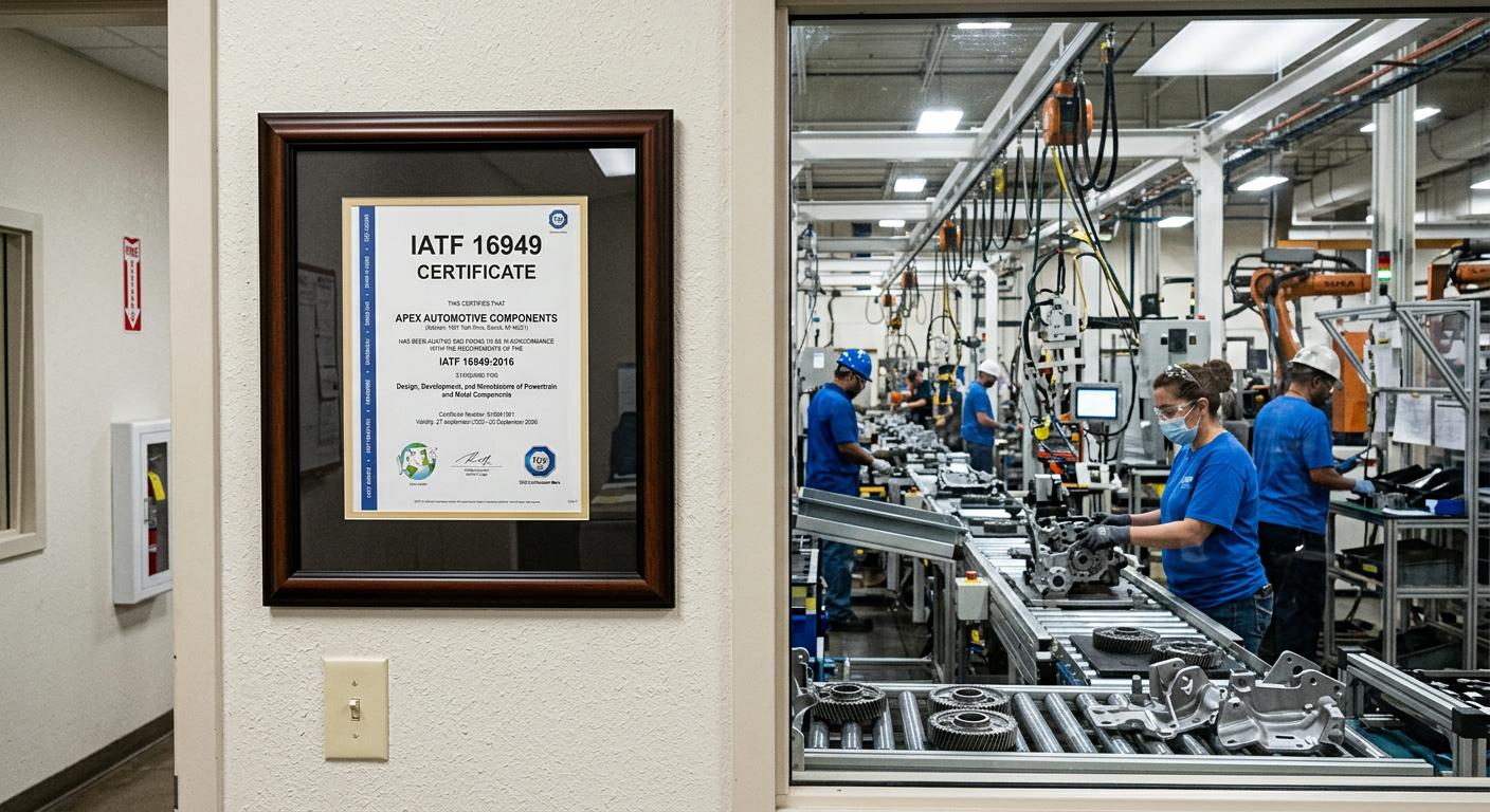 IATF 16949 certification displayed in an automotive parts manufacturing facility