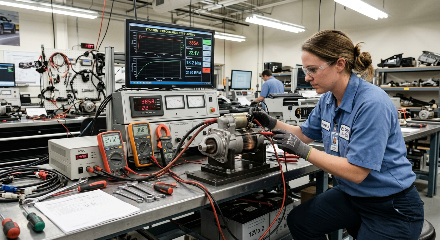 Engineer bench testing an automotive starter motor with diagnostic equipment in a testing lab