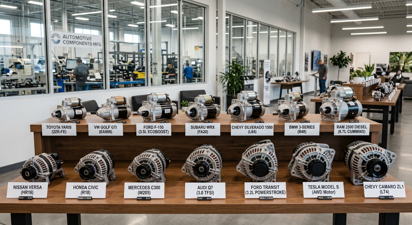 Organized display of various automotive starters and alternators on a factory showroom table