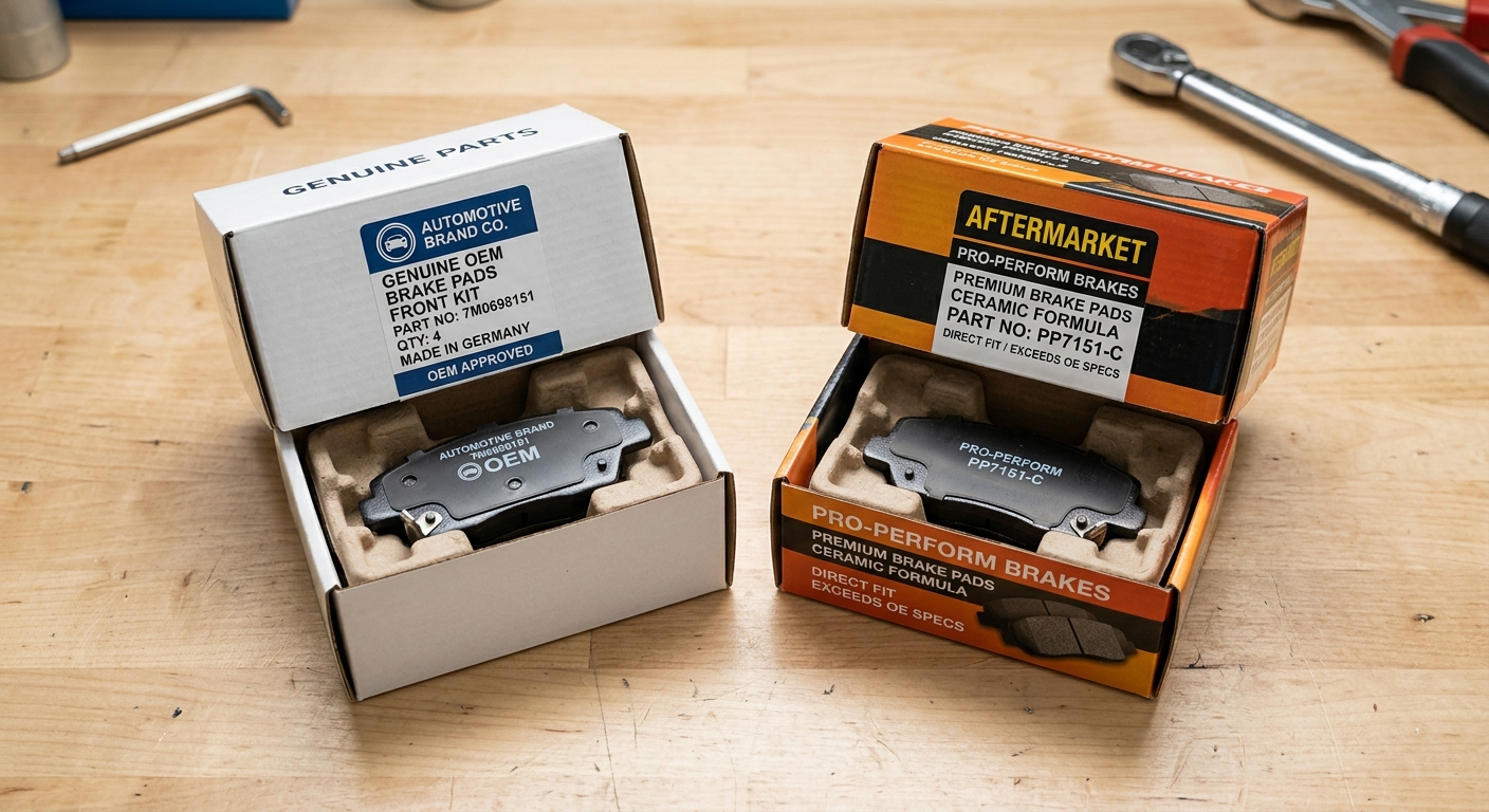OEM and aftermarket auto part boxes compared side by side on a workbench