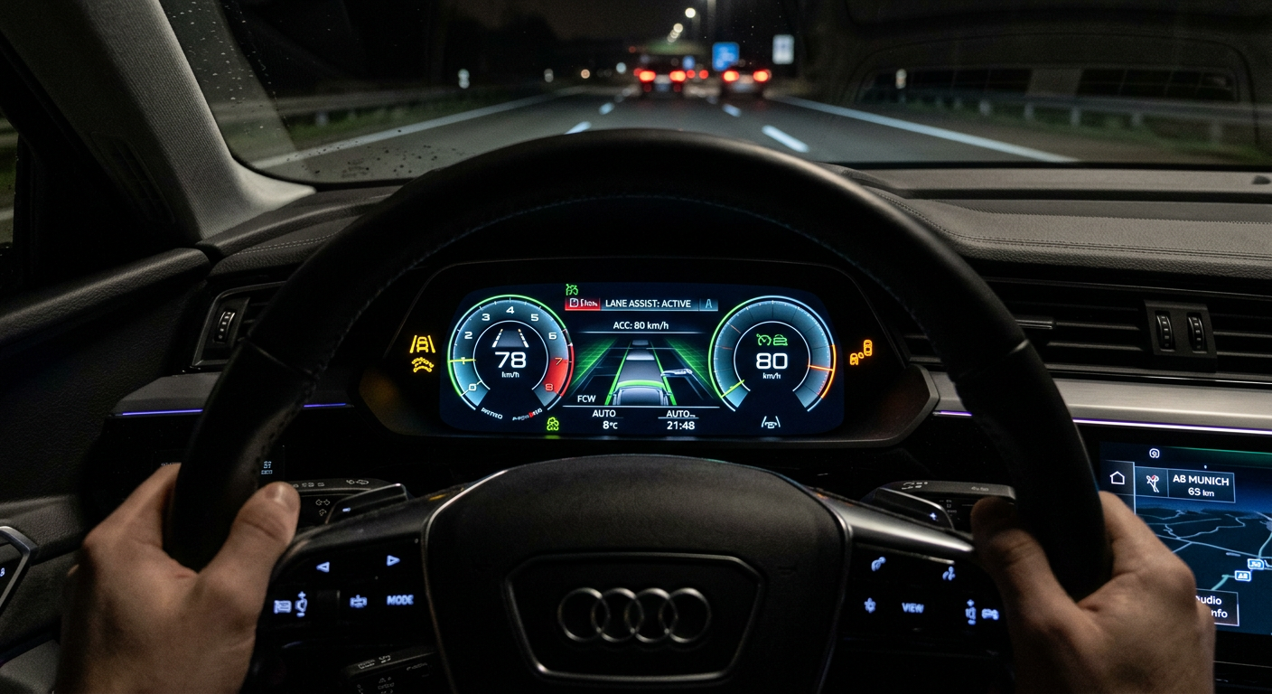 Modern car dashboard with ADAS displays and electronic warning indicators