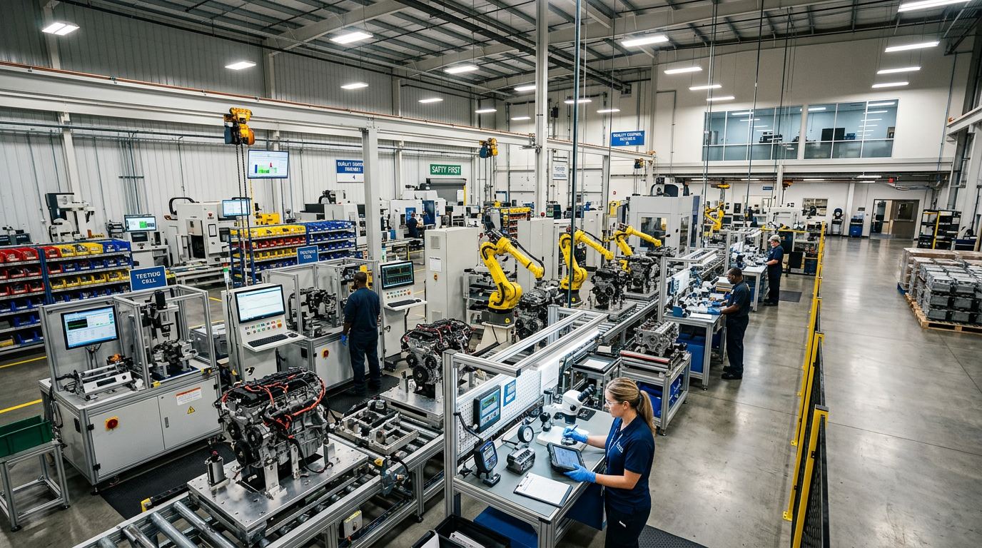 Modern automotive remanufacturing facility with automated testing equipment