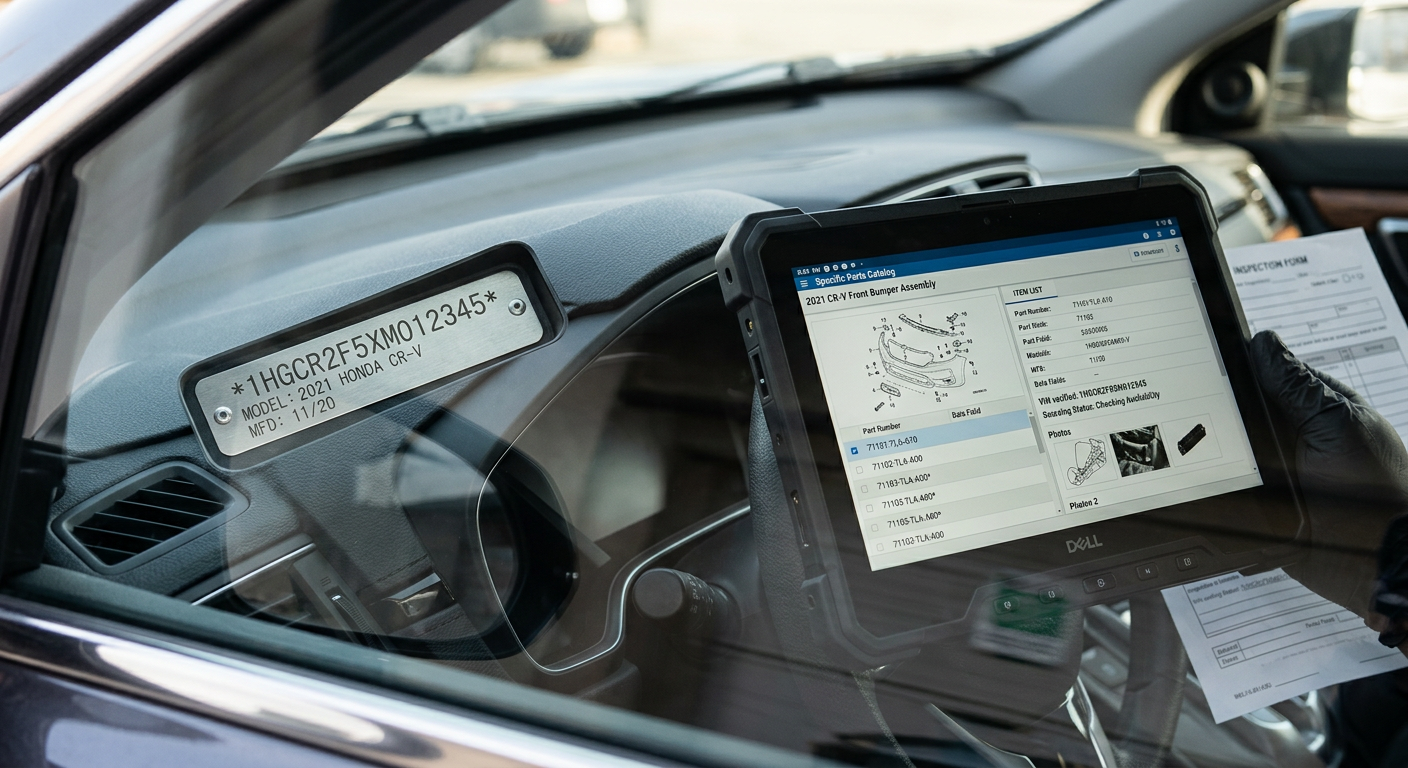 VIN plate visible through vehicle windshield with parts catalog tablet