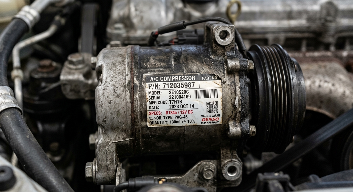 OEM part number sticker on an automotive AC compressor housing