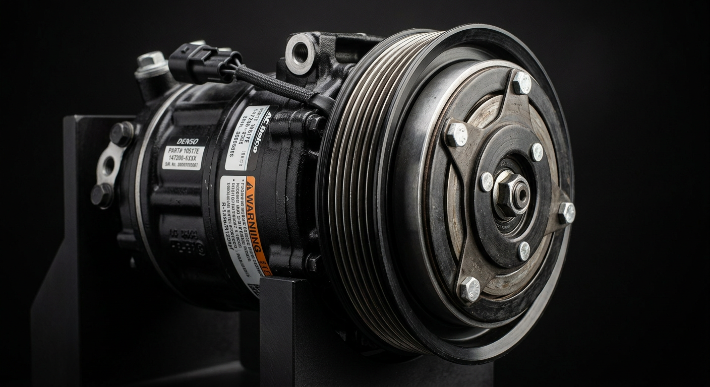 Close-up of AC compressor pulley showing multi-groove belt surface