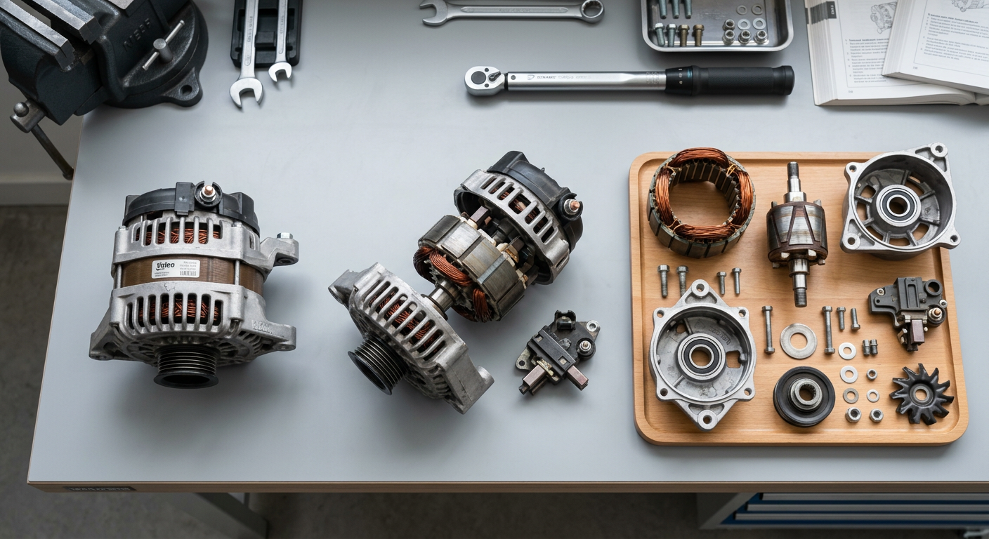 Three alternators in different states of assembly compared on a workshop bench