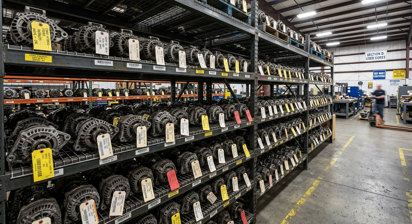 Used alternator cores sorted on shelving in a remanufacturing warehouse