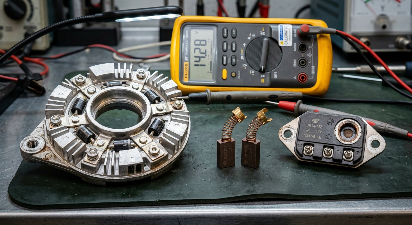 Alternator rectifier and new brushes on a component testing bench