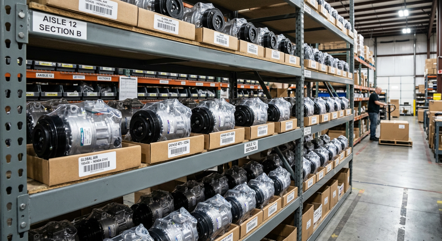 New automotive AC compressors lined up on a wholesale warehouse shelf