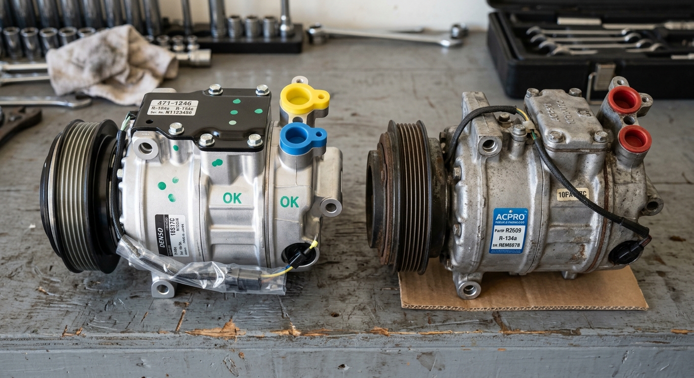 Comparison of a new AC compressor and a remanufactured AC compressor side by side
