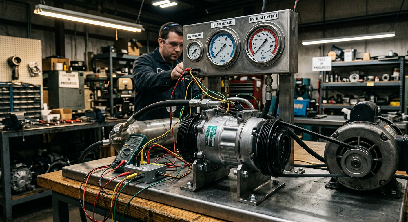 AC compressor undergoing pressure and electrical testing on a workshop test bench