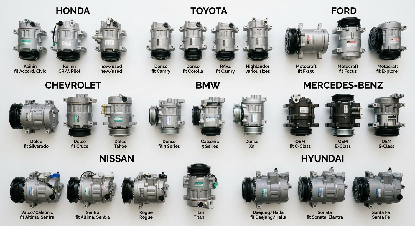 Selection of AC compressors organized by vehicle brand for catalog reference