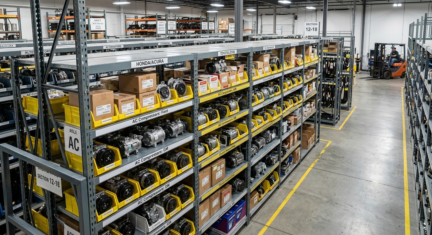 Organized auto parts warehouse with AC compressors on shelving