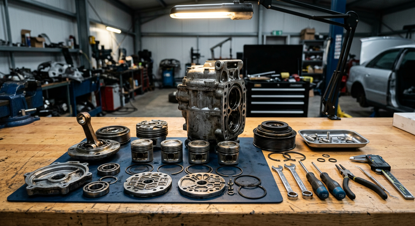 Disassembled AC compressor components on a technician workbench