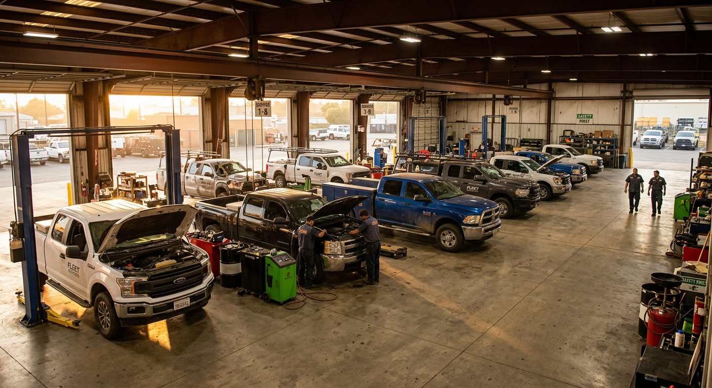 Fleet of work pickup trucks at a service facility