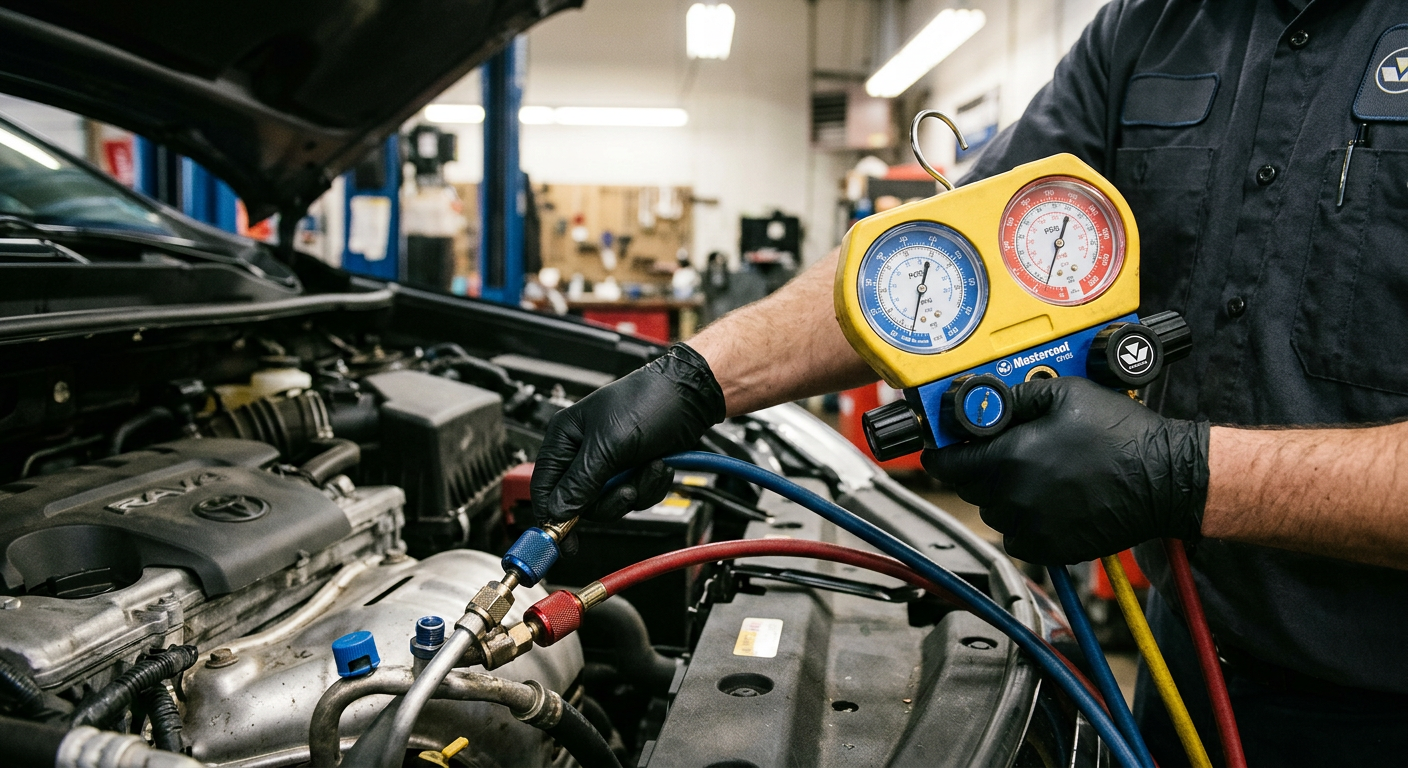 AC system diagnostic gauges connected to a vehicle