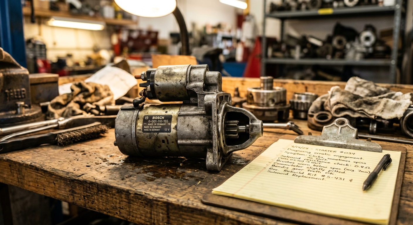 Starter motor next to procurement clipboard on workshop bench