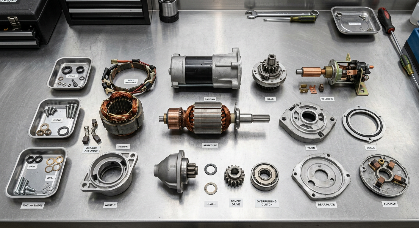 Disassembled starter motor parts laid out for inspection