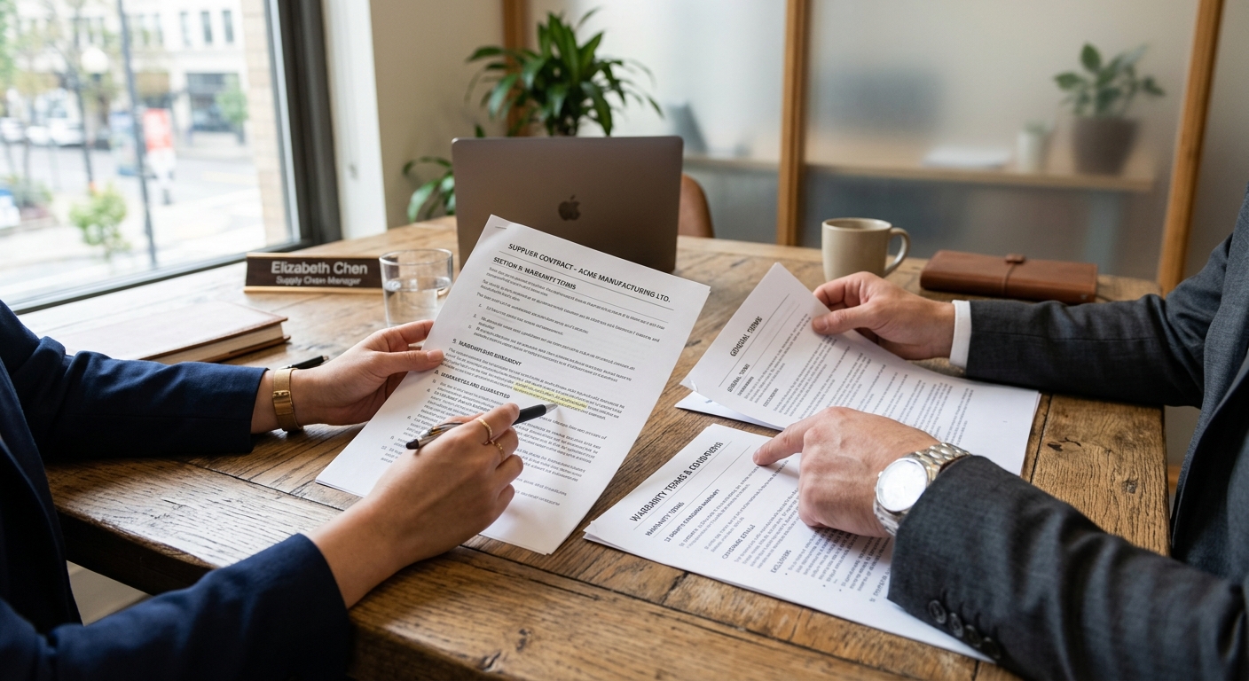 Procurement professional reviewing supplier warranty documents