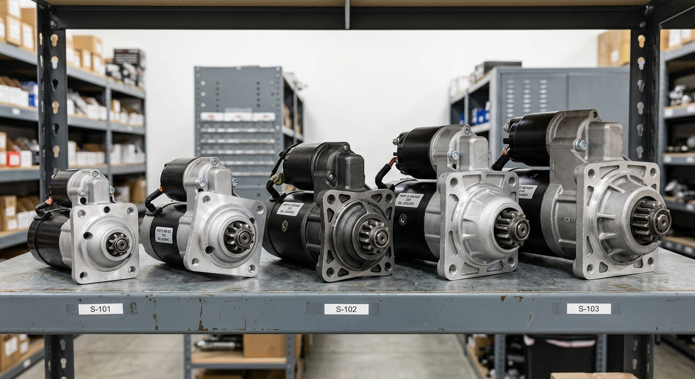 Different starter motor variants arranged for comparison